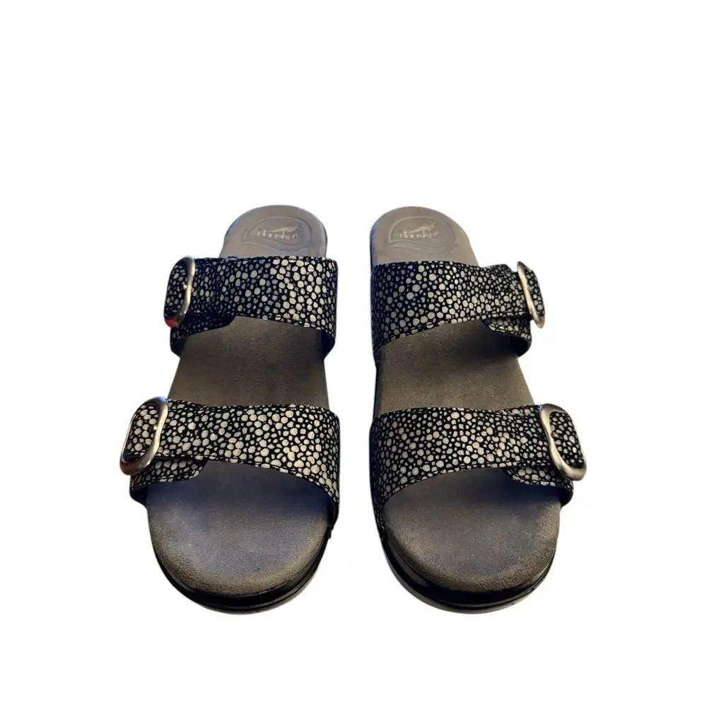 Dansko Sophie Sandals Black Two Strap Buckle Slide Clog 38 Dark Gray Speckle